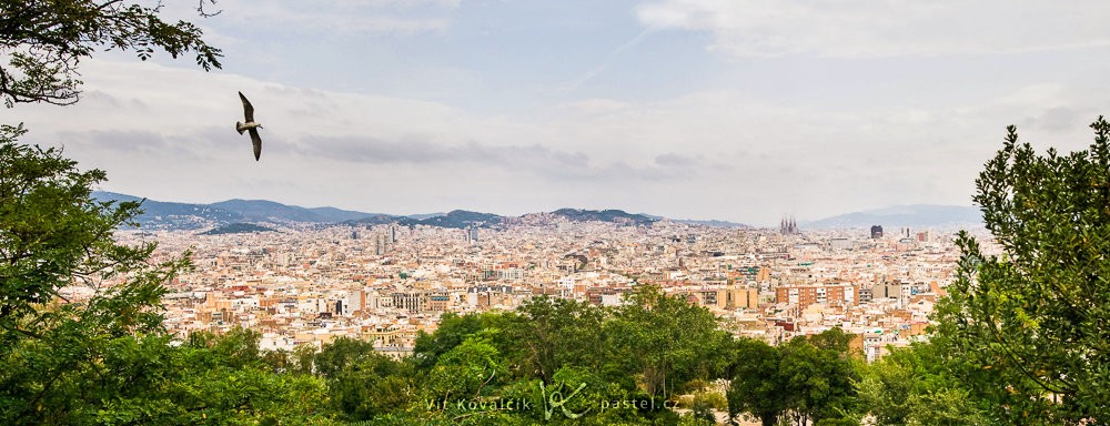 Panorama Barcelony z kopce Montjuic, složené ze tří záběrů. Racek létal okolo, tak jsem si počkal, až se bude hodit do kompozice fotografie.